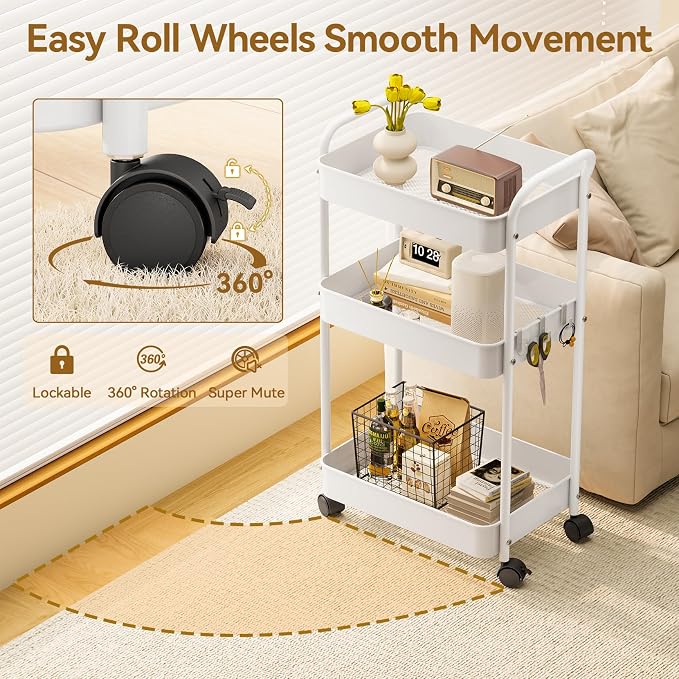 YASONIC 3-Tier Metal Rolling Cart, Sturdy Storage Utility Carts with Wheels, Multifunction Craft Art Organizer for Bedroom, Laundry, Garage, Office, Nursery, Bathroom, Easy Assembly (White)