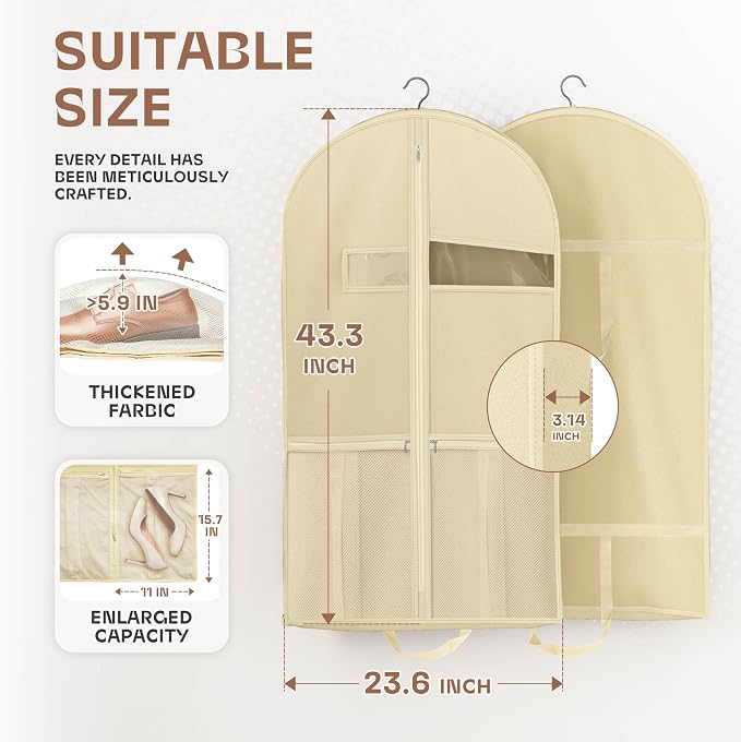 Lazebox 43" Travel Garment Bag with Accessories Zipper Pocket, Heavy Duty Suit Bag for Suits, Tuxedos, Dresses, Coats, Beige, 1 pack