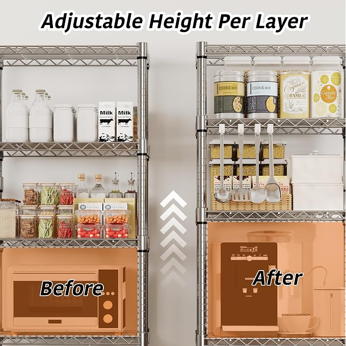 Garvee 5-Tier Storage Shelves Heavy Duty Metal Wire Rack Shelving, 1100 LBS Capacity Rolling Storage Rack with Wheels, for Living Room Pantry Kitchen Bedroom Organization