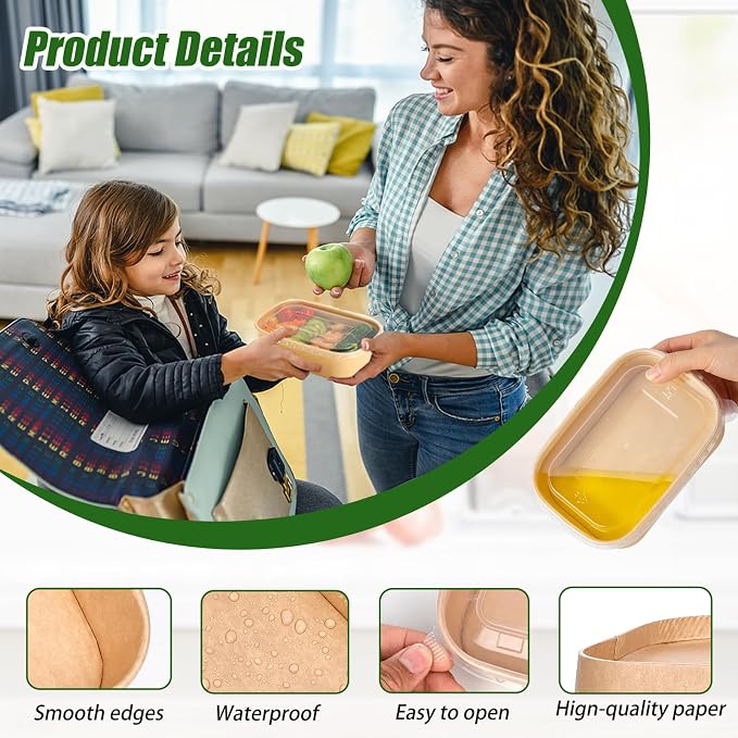 50-Pack 29oz Disposable Kraft Paper Bowls【with Lids and Forks】,Meal Prep Containers Disposable Deli Containers Disposable Soccer Party Food Trays Take Out Containers, Microwave Safe for Hot/Cold Food