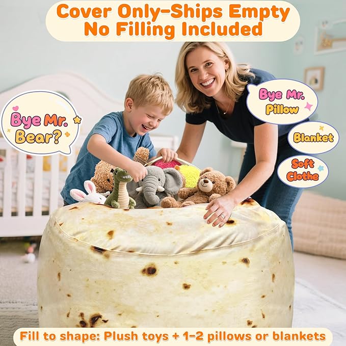 Lukeight Burrito Stuffed Animals Storage Bean Bag Chair Cover Only (Ships Empty, No Filling) - Velvet YKK Zipper Beanbag Cover for Kids Big kids, Washable Plush Toy Organizer, X-Large 30" D x 18" H