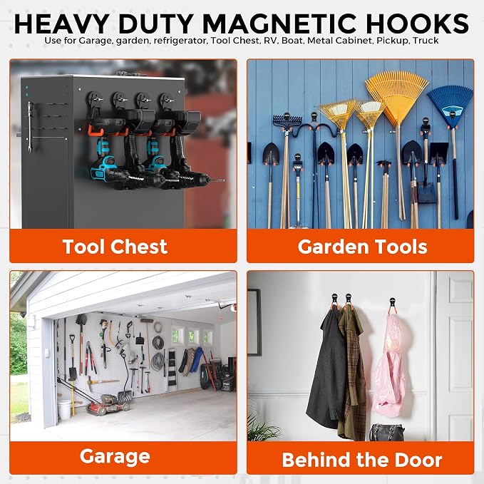 6 Pack Large Strong Magnetic Hooks Heavy Duty Garage Big Magnet Hooks Extra Strength Magnetic Utility Storage Hook Hanger with Anti Slip Coating for Garden Indoor Outdoor Hanging Tools Orange