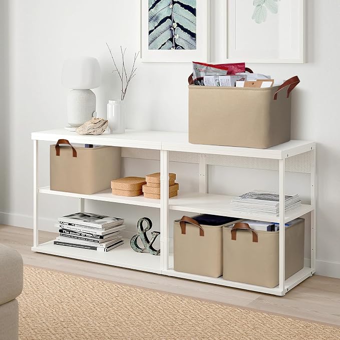 KEEGH Storage Baskets for Organizing Cube Storage 15 in, 4 Pack, Brown | Fabric Material, With Leather Handle, Closet Organization, Storage Bins for Living, Bedroom, Study
