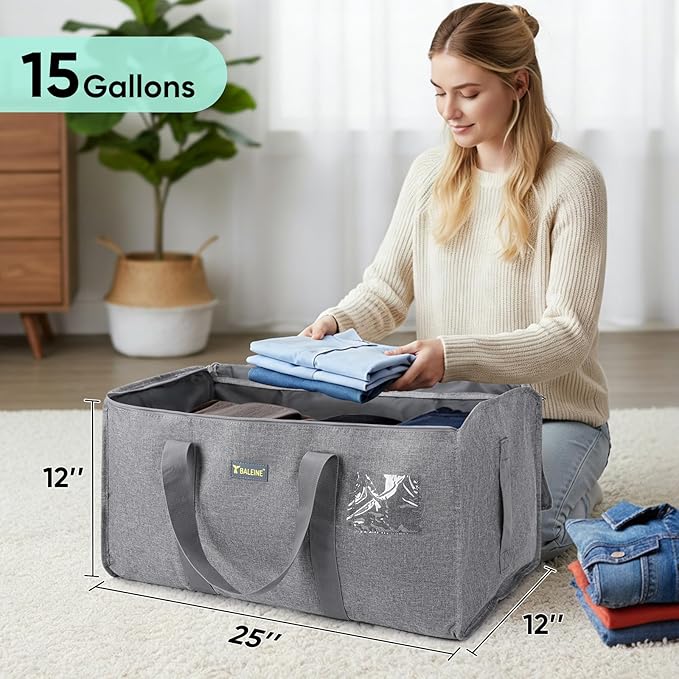 BALEINE Extra Large Storage Tote with Zippers & Carrying Handles, Heavy-Duty Oxford Fabric Moving Bags for Laundry, Space Saving, Storage, Winter Gray