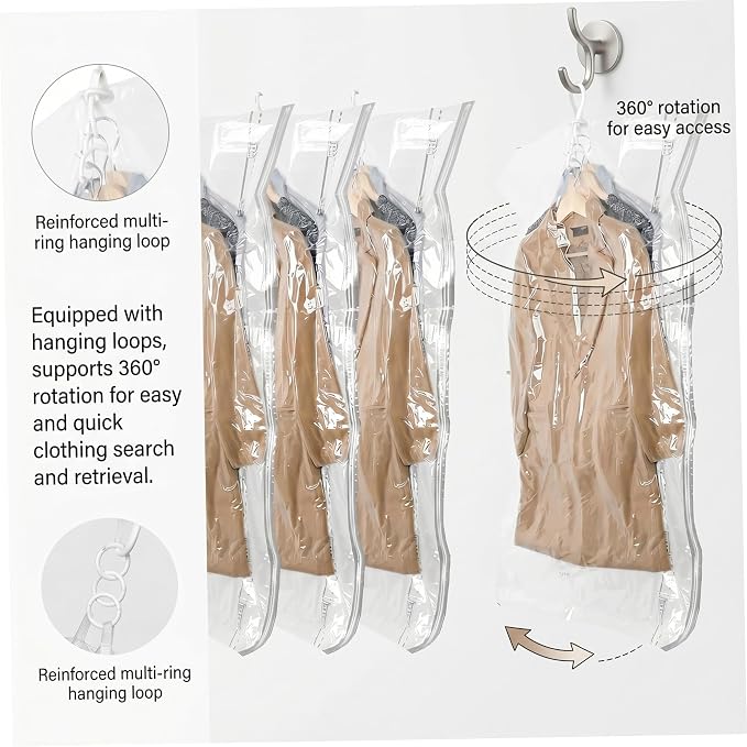 Vacuum Storage Bags, 6 Pack Hanging Vacuum Storage Bags for Clothes, Space-Saving Closet Organizer, 27.56x57.09 Inch..