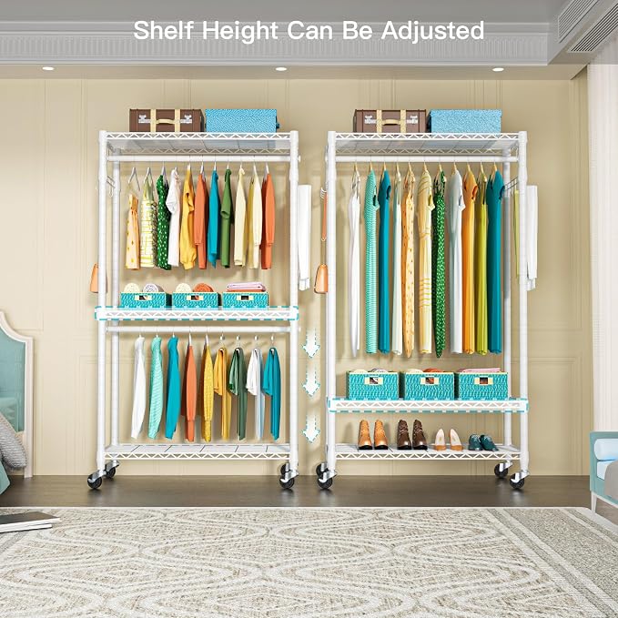 FUTASSI P1 Heavy Duty Garment Rack, 3 Tiers Adjustable Rolling Metal Closet Organizer with Lockable Wheels, FreeStanding Wardrobe with Double Hanger Rods & 1 Pair Hooks, Max Load 450 LBS, White