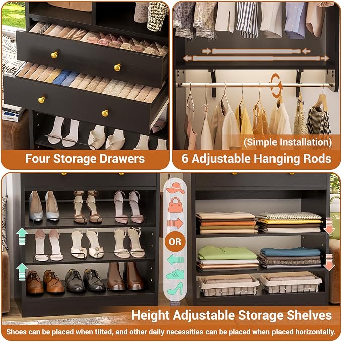 Besiost Closet System, Up to 128.6"/10.7 FT Closet Organizer with 4 Wooden Drawers and Shelves, Walk-in Closet System with 6 Hanging Rods, Built-in Closet Can Fit 96"/8FT, 120"/10FT, Black Set 2