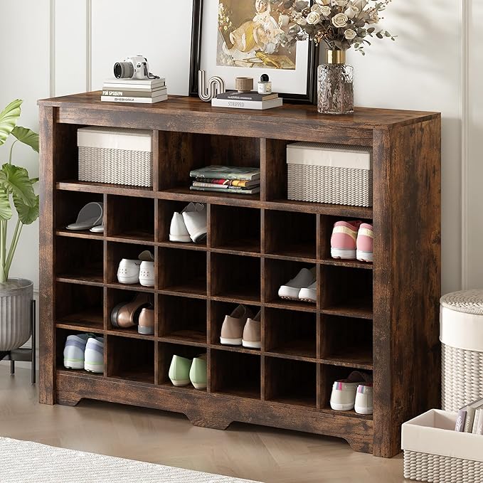 Harper & Bright Designs Sleek Design 24 Shoe Cubby Console, Modern Shoe Cabinet with Curved Base, Versatile Sideboard for Hallway, Bedroom, Living Room, Rustic Brown