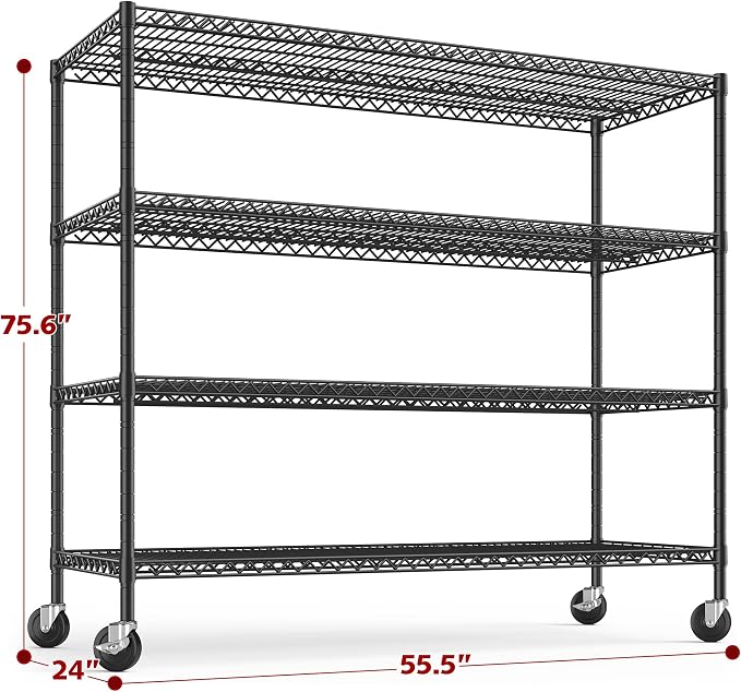 REIBII 55.52''W Storage Shelves 2480LBS Wire Shelving Unit with Wheels Heavy Duty Metal Shelves for Storage Adjustable Garage Storage Rack Pantry Shelf,75.62" H X 55.52''W X 24.02" D,3PCS