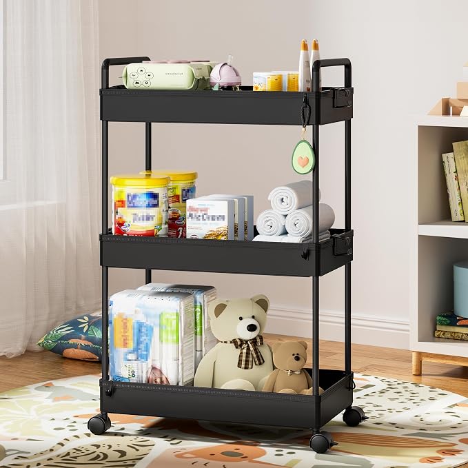 Ronlap 3 Tier Slim Rolling Storage Cart with Wheels Utility Organizer,Black | For bathroom, laundry, kitchen, bedside & dorm. Fits art, craft, snack, makeup, nail, diaper & postpartum baby supplies