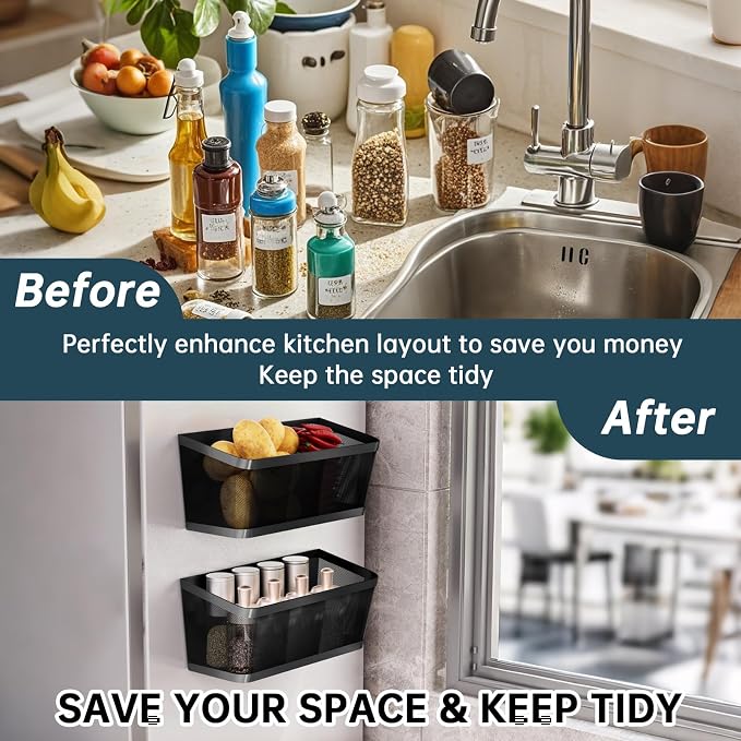 2Pcs Magnetic Spice Rack for Refrigerator, Black Magnetic Shelves | Powerful Magnet Hanging Basket Holder, Magnetic Organizer Shelf for Fridge, For Seasonings Fruit Vegetables Coffee Beans