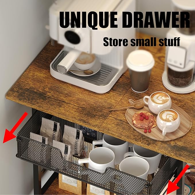 3 Tier Slim Rolling Coffee Cart with 2-Door & Pull-Out Wire Basket Drawer, Coffee Bar Cabinet on Lockable Casters, 32.7" H Microwave Cart with Storage for Home, Kitchen, Dining Room (Rustic Brown)