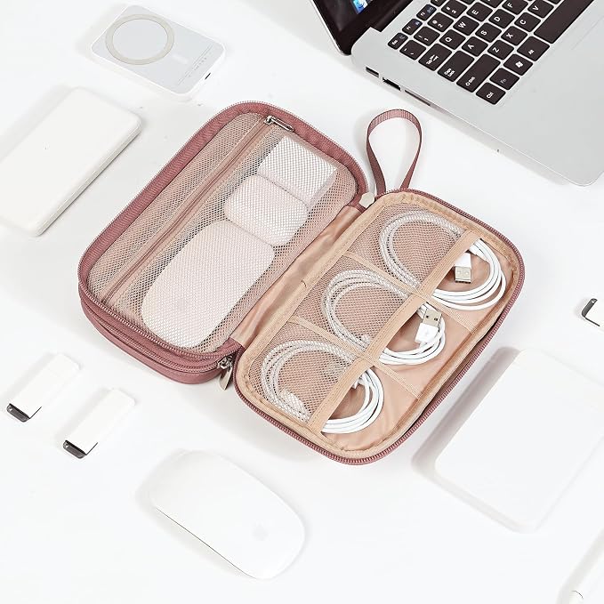NISHEL Electronics Travel Organizer Cord Case, Charger Cable Tech Bag | Double-layer bag keeps chargers, cables, flash drive, and small tech essentials organized for trip, Medium, Rose-wood Pink