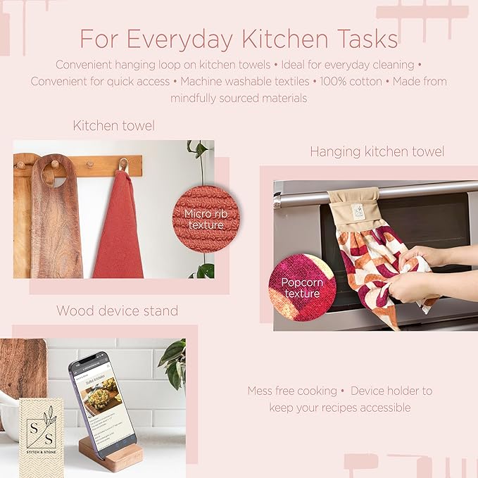 Stitch & Stone Foodie Set - Perfect for Managing Hot Plates for Dining, Cotton Kitchen Towel, Pot Holder & Towel Combo, Magnetic Trivet, Looped Hanging Towel, Mobile Phone Stand - Red