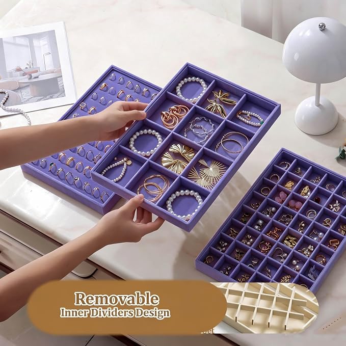 Large Velvet Jewelry Tray 2 Pack Stackable Jewelry Display Drawer Inserts Trays Organizer for Earring Bracelet Necklace Ring (Purple, 12 Grids)