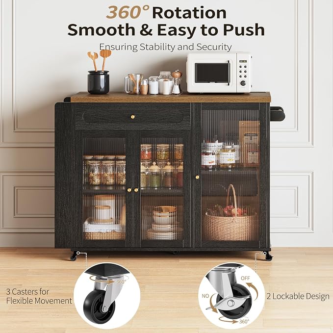 Kitchen Island with Power Outlet - Kitchen Cart on Wheels with Storage Cabinets & Drawers, Rolling Island Table with Spice & Towel Rack, Portable Islands with Large Wood Counter, Dinning Room