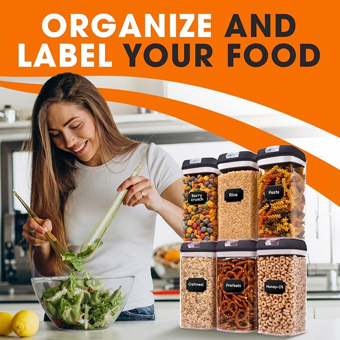 Set of 6 Airtight Food Storage Containers - Pantry Organizer Bins, BPA Free Plastic Containers plus Dry Erase Marker and Labels, Black