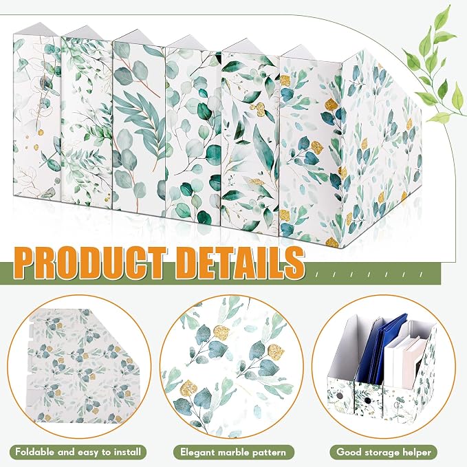 PerKoop 12 Pcs Decorative Magazine File Holders Floral Foldable File Folders Magazine Storage Boxes Rack Desk Organizer Documents with Printable Labels for School Office Home (Eucalyptus Leaves)