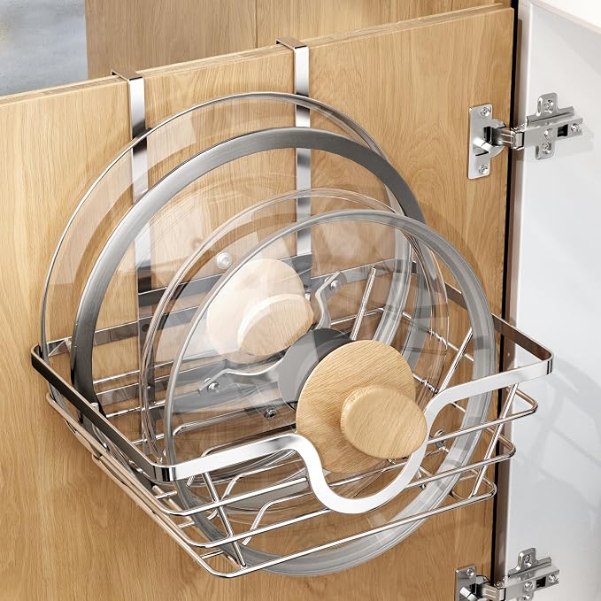 TIDIIABODE Pot Lid Organizer, Adjustable Kitchen Pot Lid Holder Inside Cabinet, Kitchen Cabinet Organizer Hanging for Food Storage Container, Pot, Pan Lid & Bakeware, Sliver