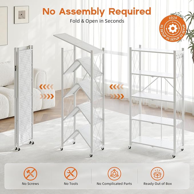 Fenbeli Foldable Shelves with Wheels - 5 Tier Folding Shelf, Collapsible No Assembly Metal Shelving Unit, Origami Storage Shelves & Rolling Storage Rack with 8 Hooks for Kitchen Pantry Garage
