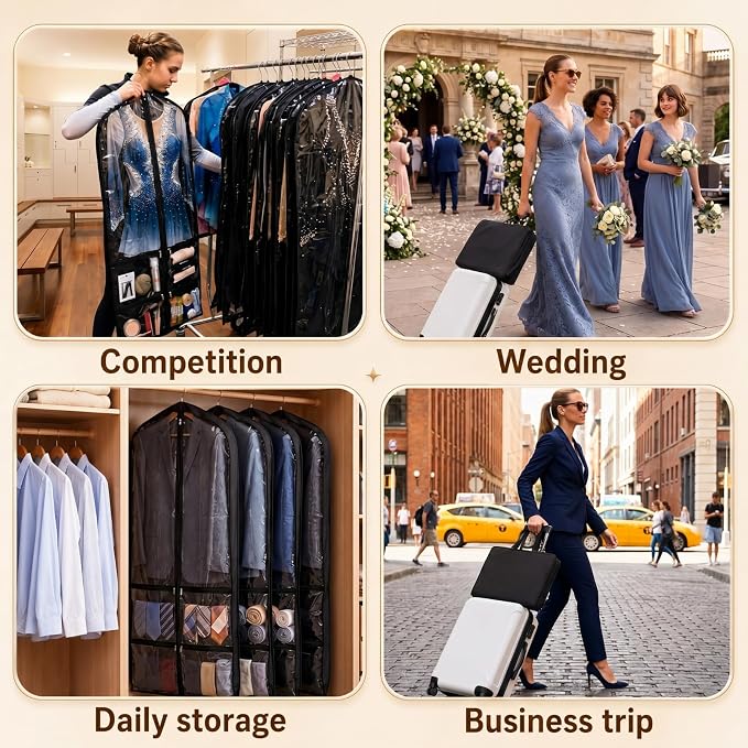 Tranqun 2 Pack 65" Long Wedding Garment Bags for Gowns 4" Gusseted Clear Dress Travel Bag for Hanging Clothes Foldable Wedding Dress Cover with 4 Zipper Pockets for Closet Storage and Travel (Black)