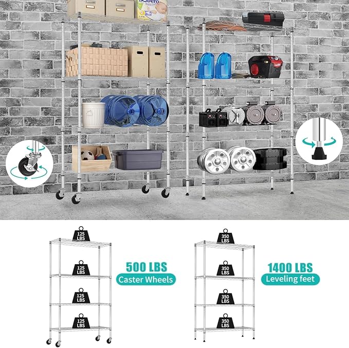 Meet perfect 4-Tier Wire Shelving Unit with Wheels, 1400LBS Heavy Duty Metal Storage Rack, NSF Certified Adjustable Steel Pantry Organizer for Garage, Kitchen, Laundry, 36" W x 14" D x 62" H