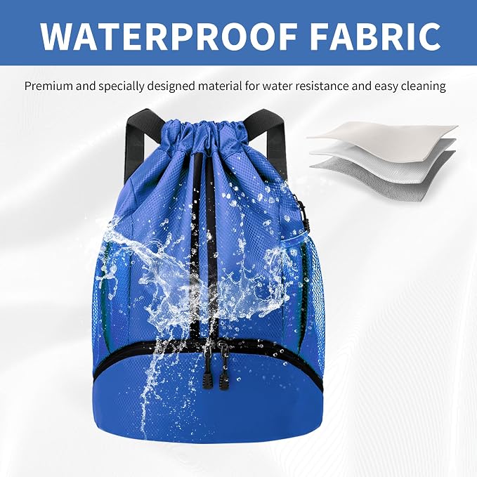 JELUTAR Drawstring Backpack Gym Bag with Shoes Compartment for Soccer, Basketball, Swim, Water-Resistant String Backpack Beach Cinch for Women Men, Blue, Medium