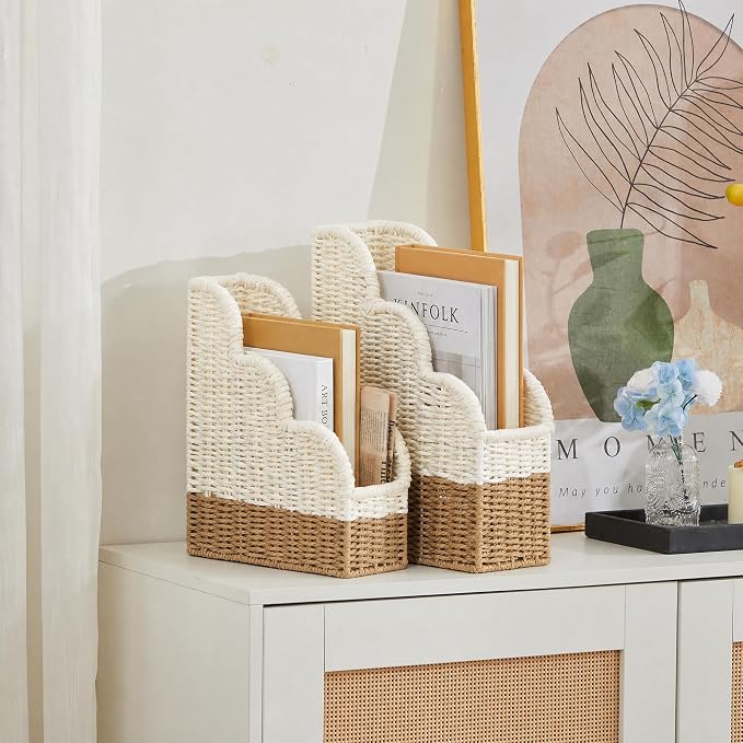 BROWNLILY Handwoven Paper Rope Magazine Holders with Scalloped Edge - Boho Desk Storage Organizers Set of 2 (Large & Small) for Books, Files, Home Office Decor