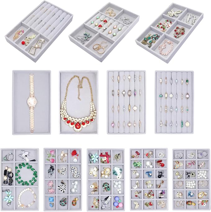 12 Set Jewelry Tray Velvet Jewelry Drawer Organizer Necklace Bracelet Display Tray for Earring, Ring, Brooch, Watch