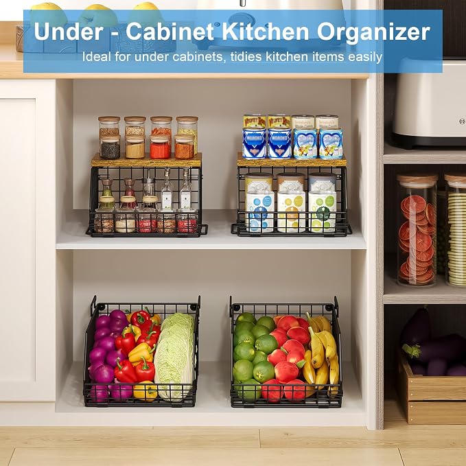 Potato and Onion Storage Bin with Wooden Top, 2-Tier Stackable Wire Basket | Wall basket for Food, Snacks and Fruit and Vegetable Storage with Kitchen Pantry Organizer for Counter, Cabinet, Under Sink