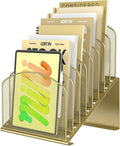 Inclined Desk File Organizer Metal Desk Magazine Folder Holder with 8-Section Vertical Compartments Rack File Organizer for Office, Home, School, Gold