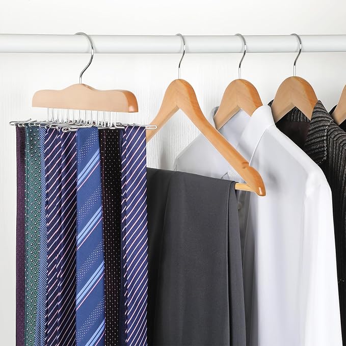 TOPIA HANGER Tie Rack Hanger for Closet, Wooden Tie Organizer for Men with 24 Folding Hooks, Space Saving Necktie Holder for Storage and Display Bra, Tank Top, Camisole (1-Pack), Natural- CT14N