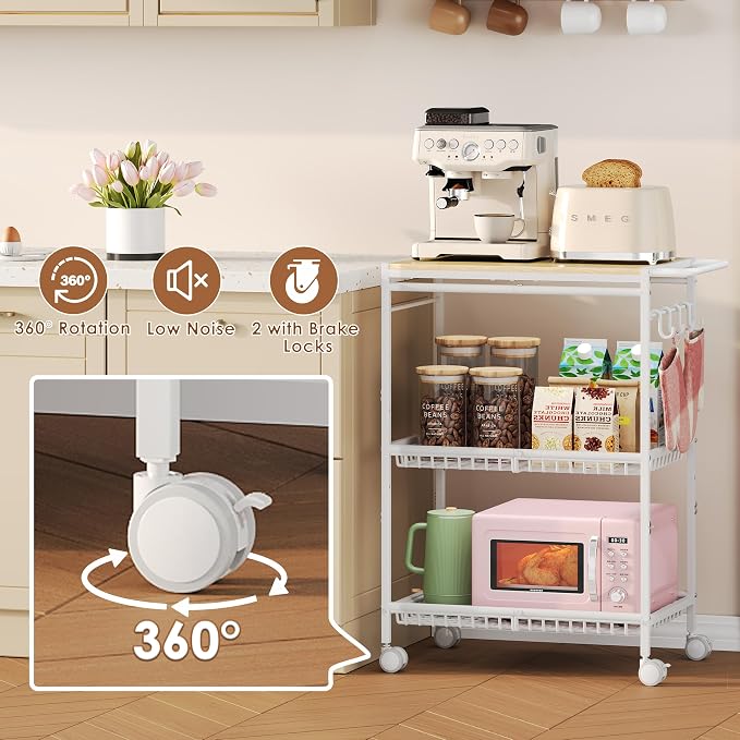 Microwave Kitchen Cart, White Kitchen Shelf with Push Handle, 3 Tier Rolling Microwave Table Stand with 2 Lockable Wheels for Bakers Rack, Kitchen Island, Small Coffee Station