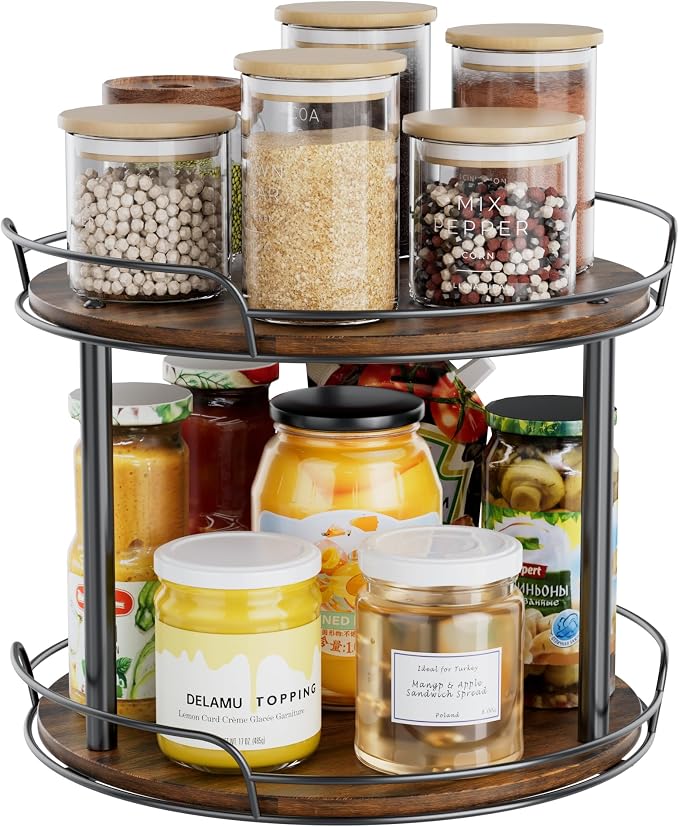 12'' Rotating Spice Rack, 2-Tier Lazy Susan Turntable Organizer | Wooden, for Cabinet, Table Top, Kitchen Countertop, Pantry, Bathroom, Vanity, Home Decor