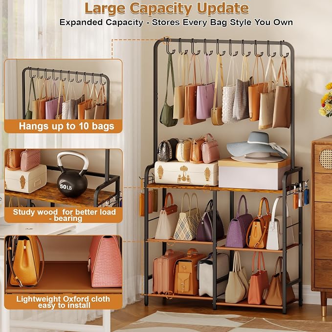 Large Purse Organizer for Closet, 3-Tier Double Row Purse Rack Stand with Hooks, 11.5" Depth Handbag Storage for Narrow Spaces, Sturdy Floor Standing Purse Shelf for Bedroom & Entryway, Black