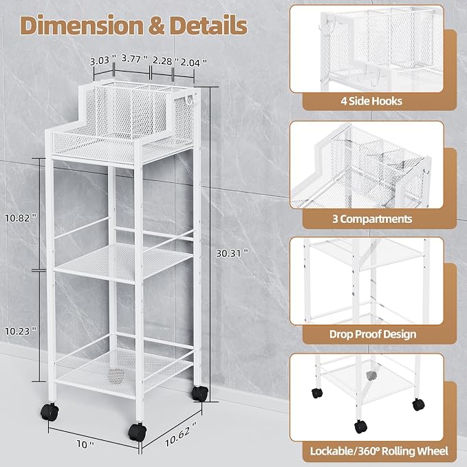 VITVITI Metal Hair Tool Organizer Shelf for Bathroom, 3 Tiers Hair Product Bathroom Cart Organizer Floor Stand, Curling Irons Straighteners Storage Makeup Organizers for Vanity (White Color)
