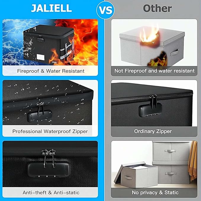 File Box with Lock, Fireproof Document File Organizer Box with Zipper & Adjustable Handle, Collapsible File Storage Box Home Office Safe Filing Cabinet for Hanging Letter/Legal Folder