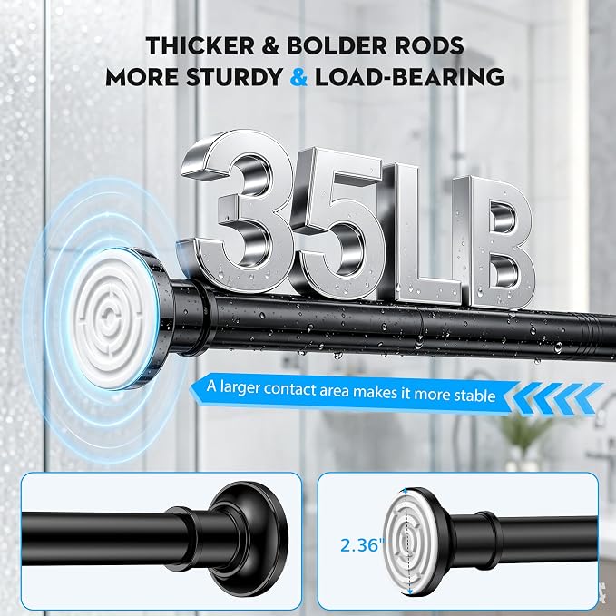 Shower Curtain Rod Tension Curtain Rod 43-87 Inch Shower Rods for Bathroom | Heavy Duty Tension Rod,1.1 Inch Thick Diameter,Spring Adjustable,No Rust,No Drilling,Windows,Black