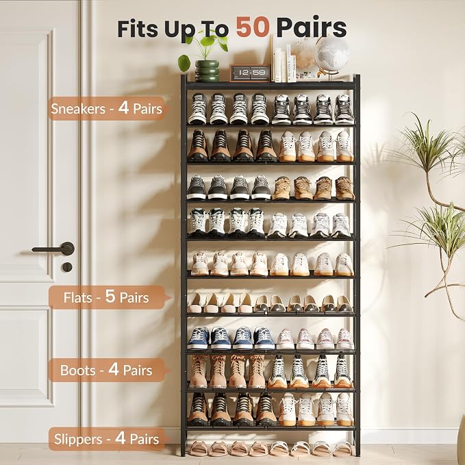 10 Tier Shoe Rack Organizer for 40-50 Pairs, Tall Metal Shoe Storage Shelf with Wood Top, Adjustable Boot Space, Narrow Design for Entryway Closet,Black