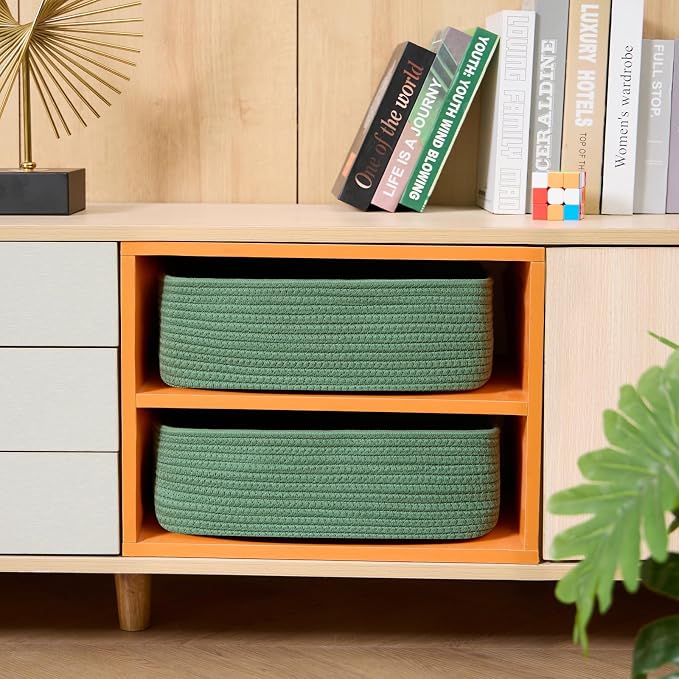 MiniArk Large Shallow Organizing Baskets 15x11x5.1 Inches - Rope Woven Storage Bins for Bathroom, Shelves, Cube Closet, Green 2 Packs