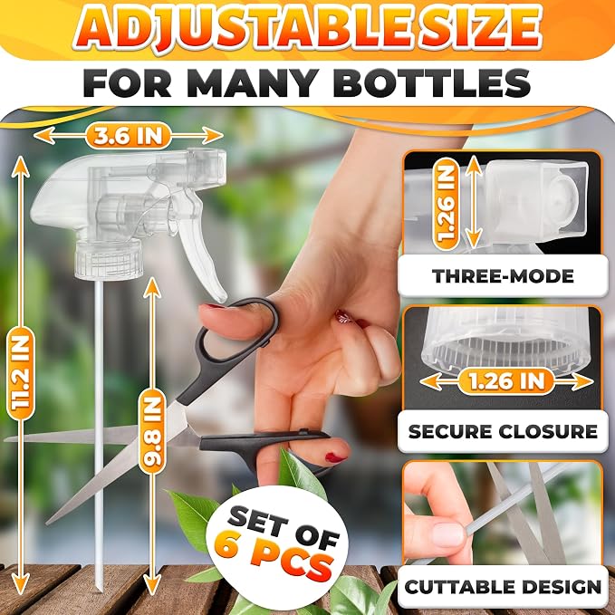 ALPENKOK 6 Pack Spray Nozzle for Bottles, Trim-To-Fit Tube; Plastic (Clear) | Spray Bottle Nozzle Replacement; Fits 8 and 16 Oz; Trigger Sprayer with Mist, Stream & Off Modes; for Cleaning and Garden