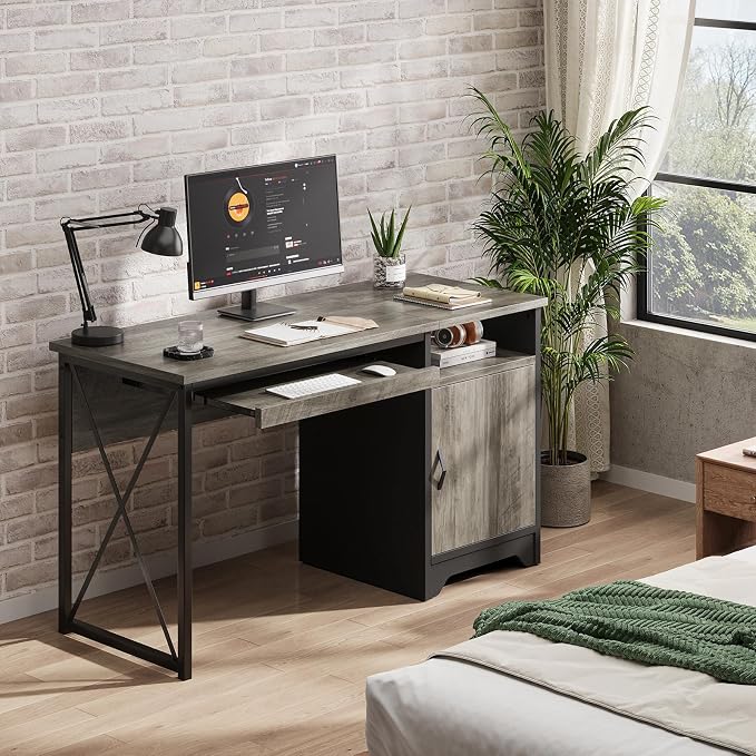 Bestier 47-Inch Office Desk with Storage Cabinet & Keyboard Tray, Grey | 47 Inch Desktop, Right Storage Cabinet, Sliding Keyboard Tray And X-Frame Support Create A Small-Space Home Office Desk.