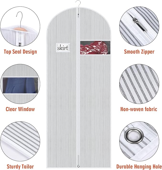 Univivi Long Garment Bags Dress Bags for Gowns, 60 Inch, 10 Pack, White | Breathable Dress Bag, Dustproof Hanging Garment Bag, Clear Window and ID Card Holder for Coats, Dresses