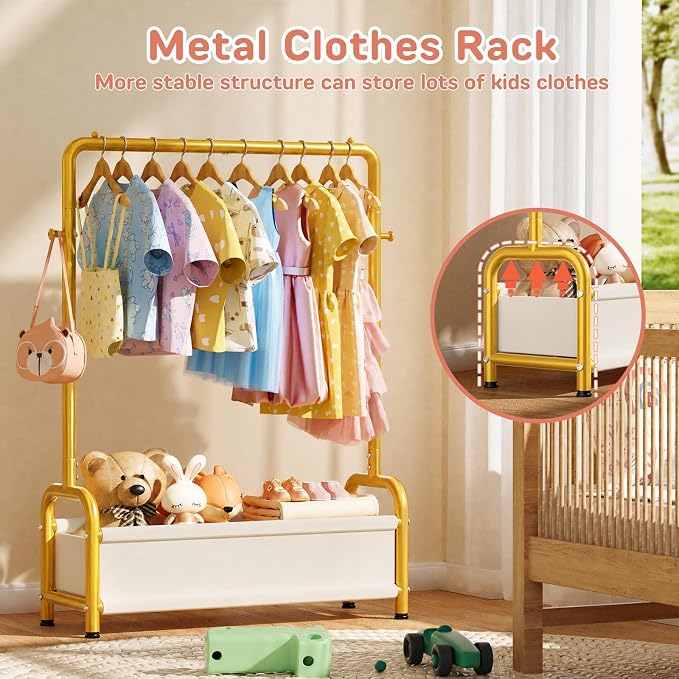 Kids Clothing Rack with Storage Shelf, Kids Dress Up Storage for Coats, Small Baby Garment Rack for Hanging Clothes, Toddler Wardrobe Closet Organizer (Gold, Classic)