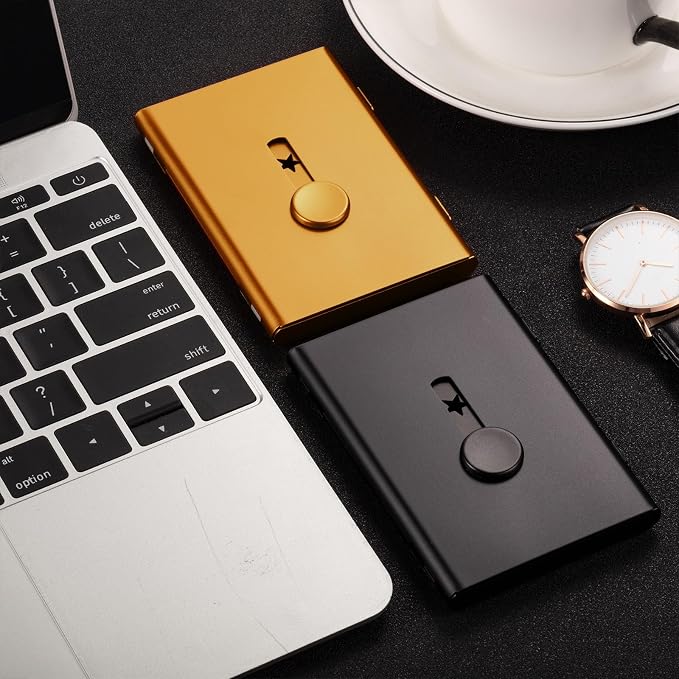 Tatuo 2 Pcs Business Card Holder Thumb Drive Black Gold Stainless Steel Business Name Card Case Portable Slide out Name Holder Wallet Nice Design Pocket for Men and Women
