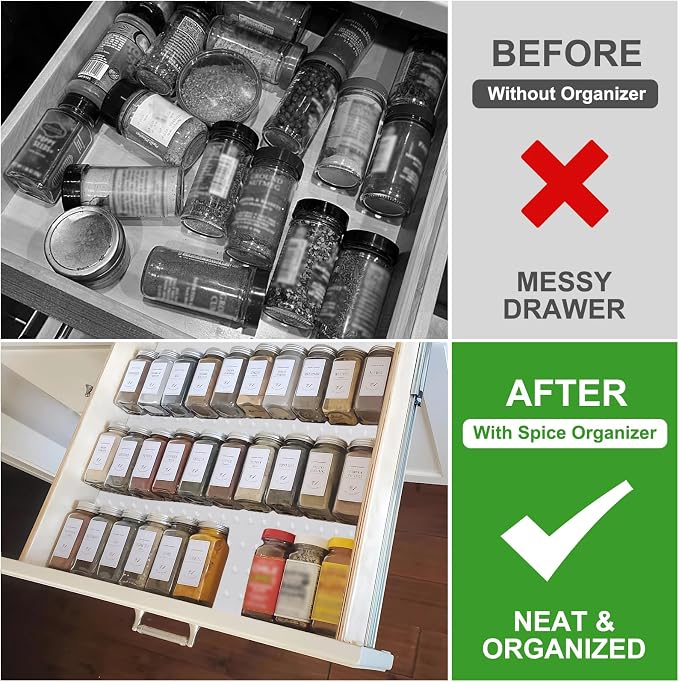Gosmol Spice Drawer Organizer Insert - Silicone Spice Drawer Liner White | Adjustable non-slip liner organizer; in-drawer spice rack for seasoning jars, spice bottles, flat kitchen drawer organizer