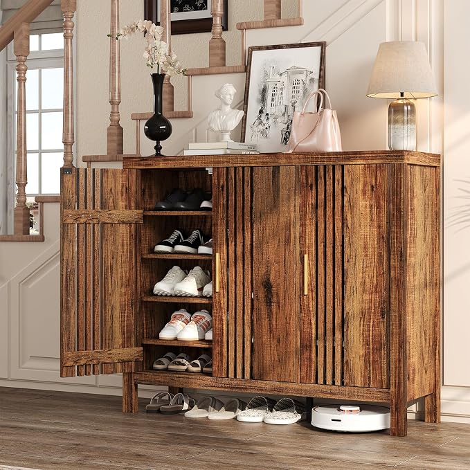 UNIQUITE Wooden Shoes Cabinet with 3 Doors and Adjustable Shelves, Retro Freestanding Shoe Organizer Cabinet for Entryway Hallway Living Room, 5-Tier Shoe Cabinet for 30 Pairs, Dark Walnut