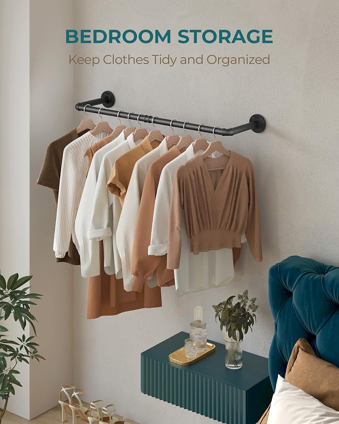 OROPY 38.4" Industrial Pipe Clothing Rack, Wall Mounted Clothes Rack | Heavy Duty Detachable Wall Mounted Clothes Rack, Iron Garment Bar, Multi-purpose Hanging Rod for Closet Storage, Black