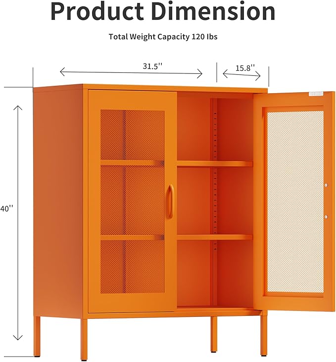Washsemba Metal Storage Cabinet with Mesh Doors,Steel Display Cabinet with Adjustable Shelves,Metal Office Storage Locker for Home Office,Garage (Orange, 40''H)
