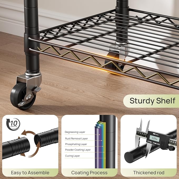 Golpart Heavy Duty Rolling Clothes Rack Wheels Portable Metal Garment Rack | Wardrobe Adjustable Wire Shelving Metal Double Clothing Racks for Hanging Clothes Organizer Closet Laundry Room Organization